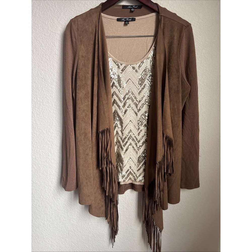 Anne French 2-Piece Set, Western Cardigan‎ W/Fringe + Ivory Tank With Sequins, L